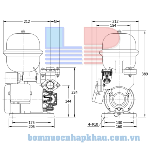 Sơ đồ kỹ thuật của máy bơm bánh răng tăng áp Walrus TP825P-1/2HP